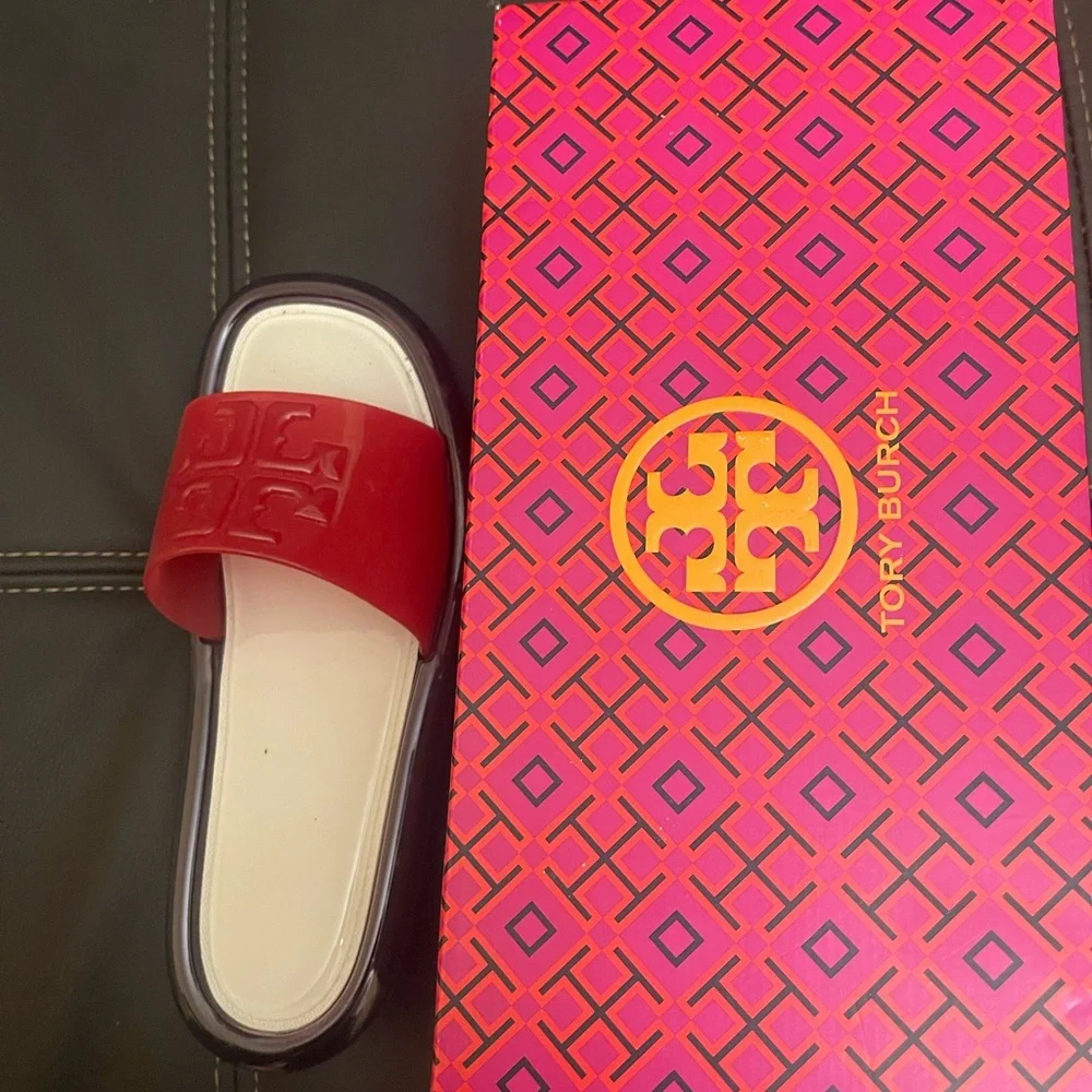 Tory Burch Red Slide Sandals with Logo - Picture 1 of 1